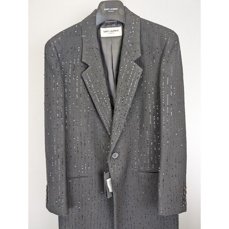 Saint Laurent Paris o1rshd1 Tweed Rayure Long Coat in Noir Brilliant Size US M / EU 48-50 / 2 - 6 Thumbnail