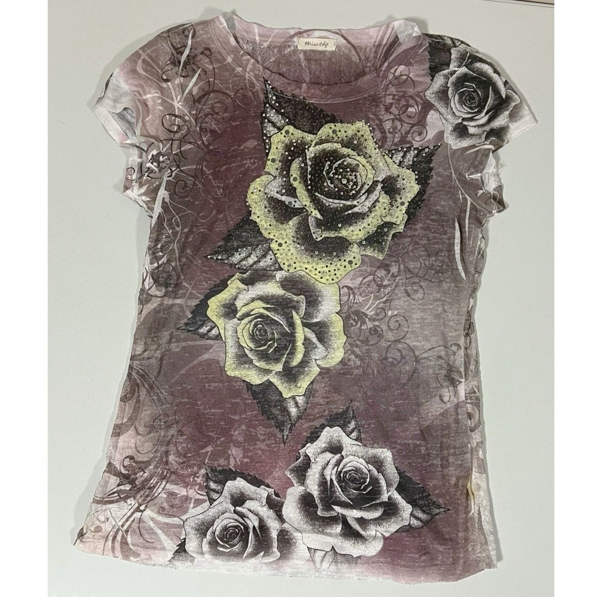 Vintage Rose Floral Diamond Studded Lace T-Shirt Top Tee Size S 🌹✨ Size S / US 4 / IT 40 - 2 Thumbnail