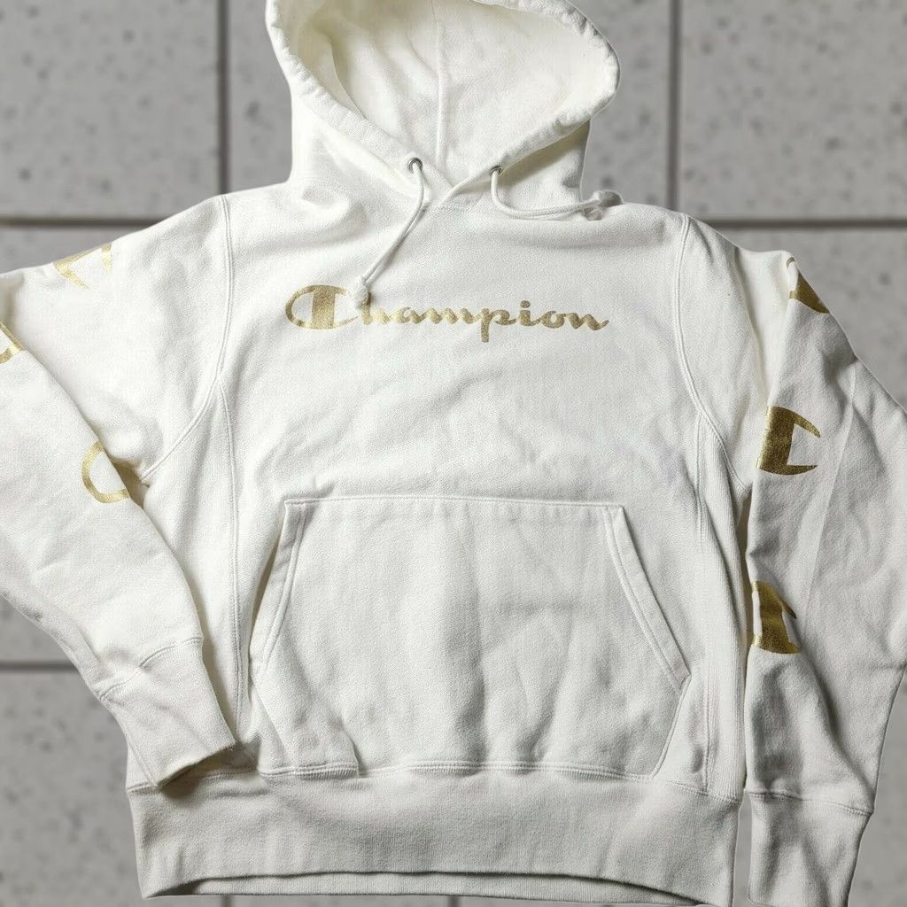 Champion VINTAGE Champion Reverse Weave Hoodie Mens Size S White Gold Spellout Sleeves 2000s Heavyweight Embroidered Pullover Size US S / EU 44-46 / 1 - 1 Thumbnail