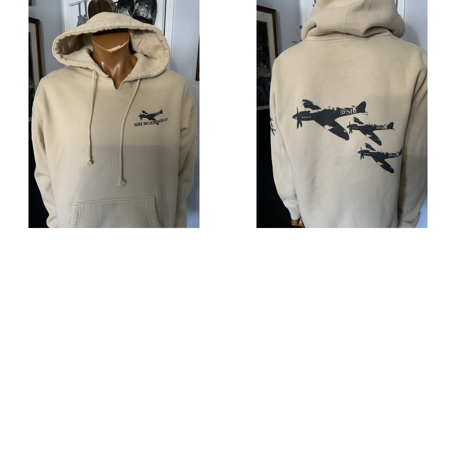 Vintage VINTAGE SBI Boardshop Planes Skateboarding Oatmeal Pullover Hoodie Sz. L Mens Beige 54in Chest 30in Length Size US L / EU 52-54 / 3 - 9 Thumbnail