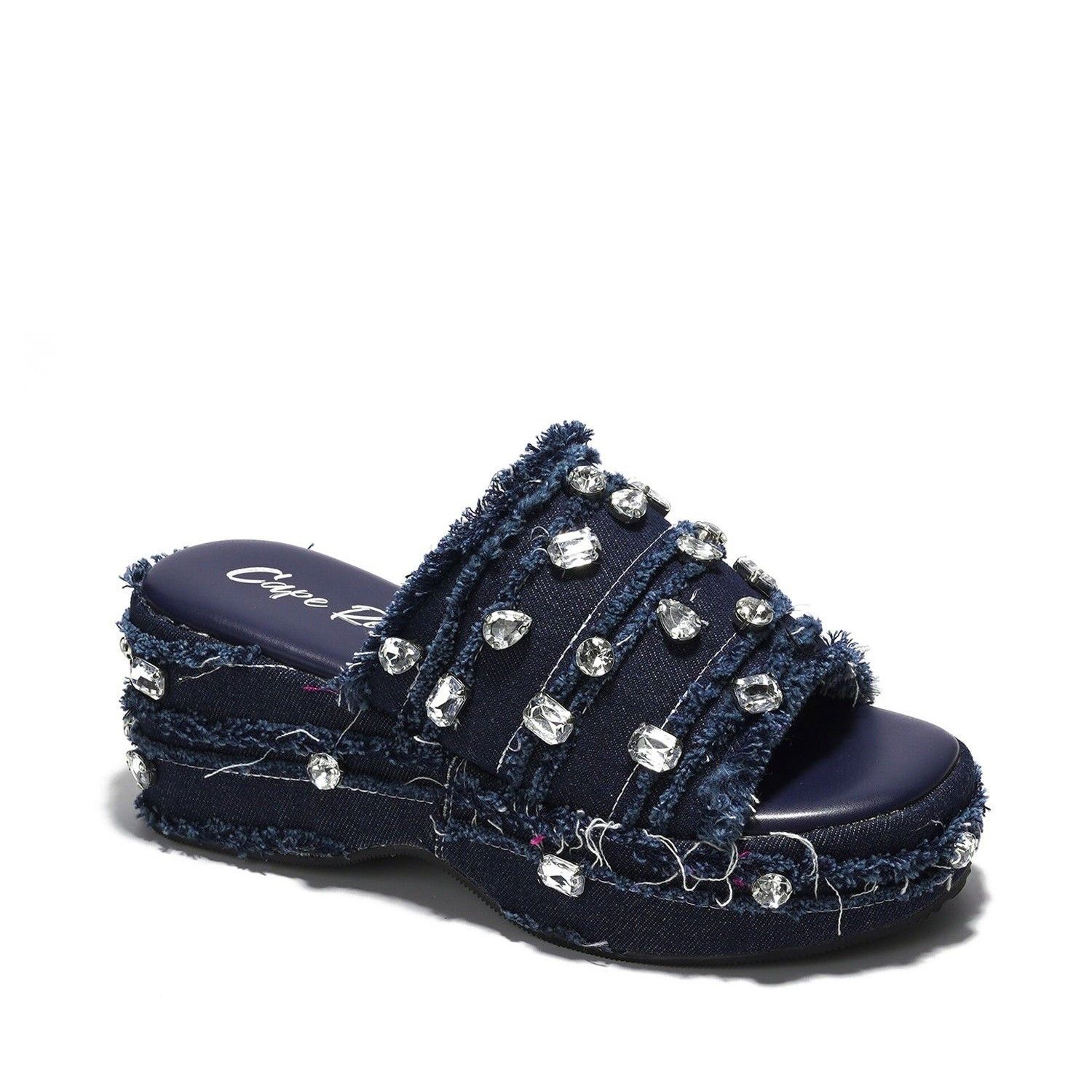 Other Hipster Denim Distressed Frayed Trim Rhinestone 2" Flatform Size US 9 / IT 39 - 9 Thumbnail