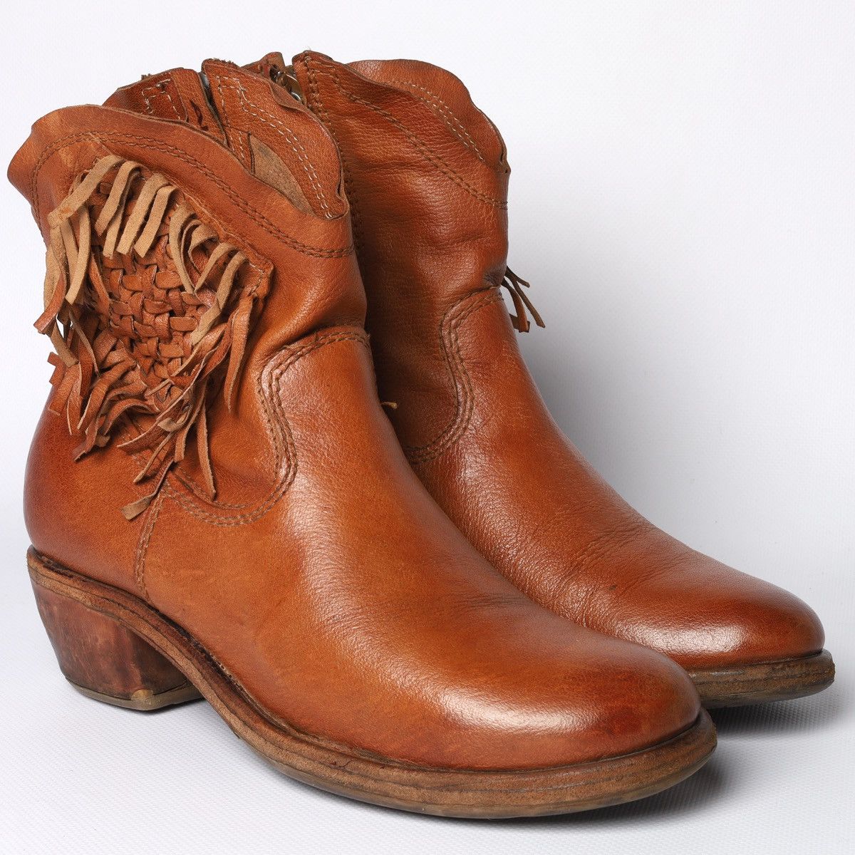 AS 98 Leather Brown Western Heel Boots Shoes Fringe