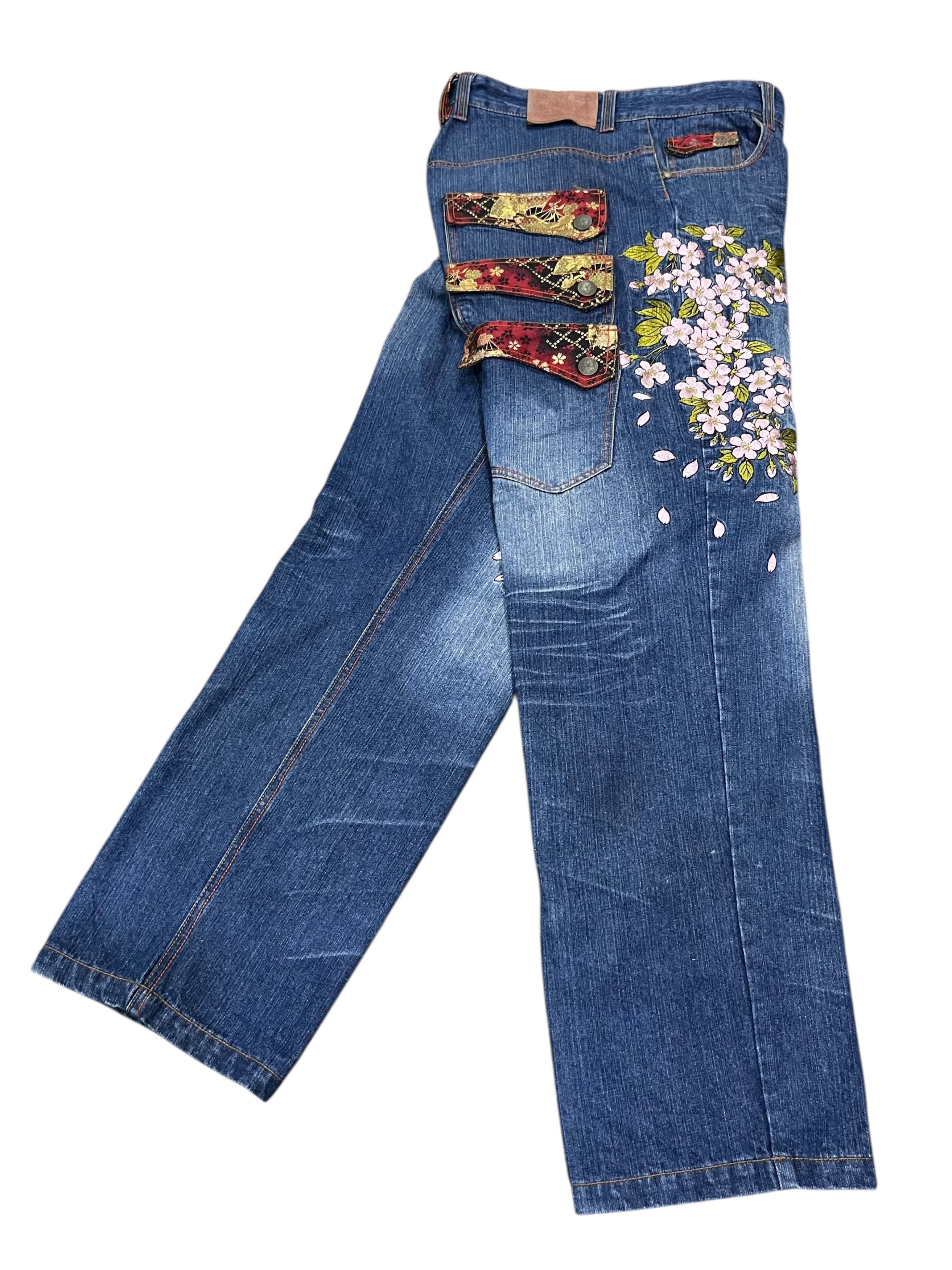 Addict Clothes Japan GEISHA & SAKURA Big Embroidery Baggy Fit Karakuri Denim Jpn Size US 35 - 13 Thumbnail