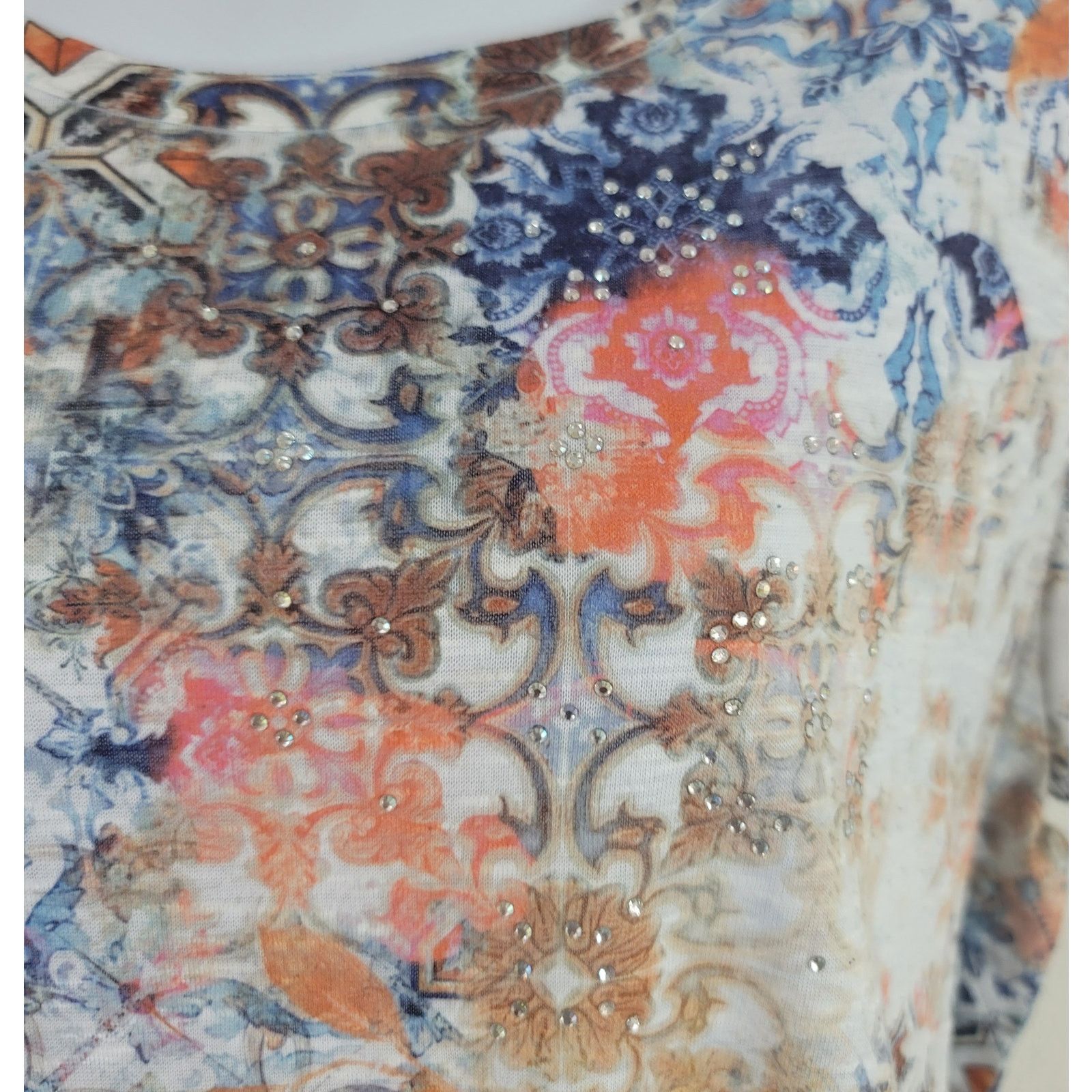 Other Blue Orange Floral Slub Knit Top L Short Sleeves Round Neck Size L / US 10 / IT 46 - 2 Thumbnail