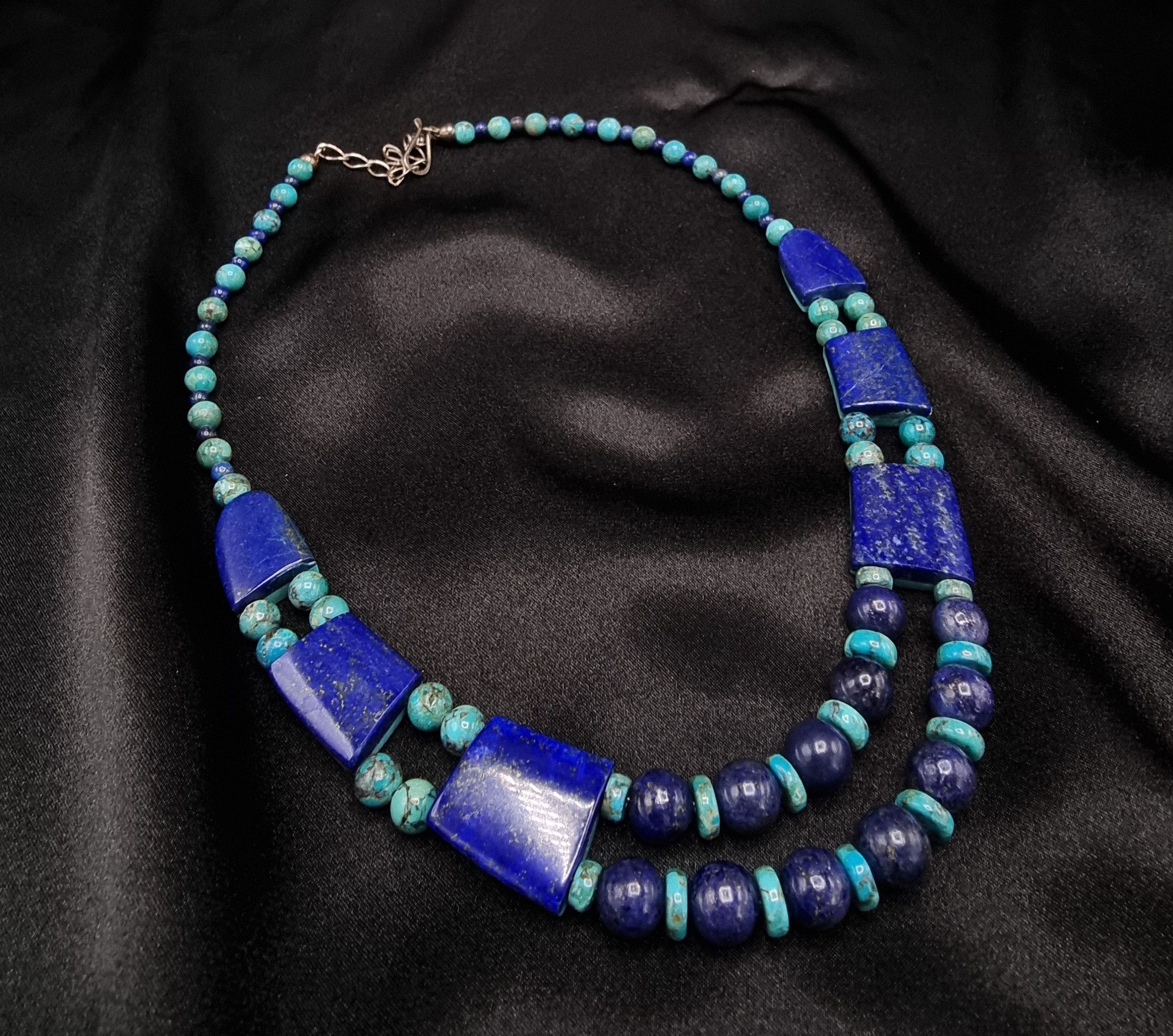 Vintage Turquoise & Lapis Double Sided Necklace Sterling Silver Clas Size ONE SIZE - 2 Thumbnail