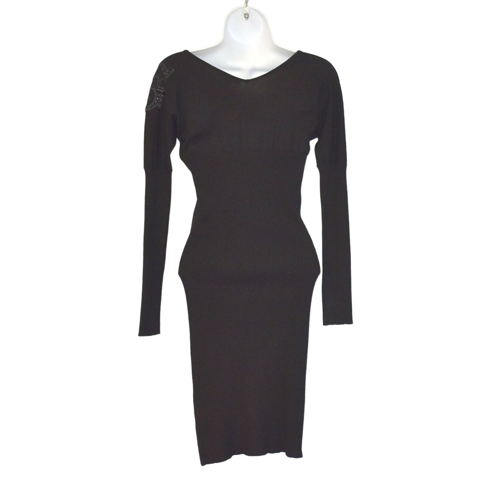 Gianfranco Ferre GIANFRANCO FERRE Black Ribbed Knit Crystal Logo Dress Sz XS Size XS / US 0-2 / IT 36-38 - 2 Thumbnail