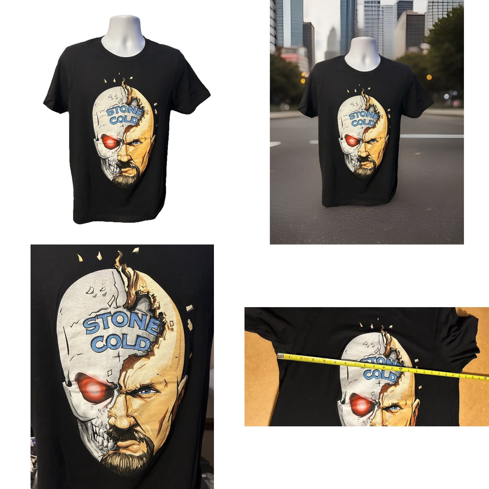 Vintage WWE Stone Cold Steve Austin Half Skull Shirt Medium Fit’s Large Short Sleeve Crew Neck Black 3:16 Mens T-Shirt Graphic Print Cotton Knit Size US L / EU 52-54 / 3 - 8 Thumbnail