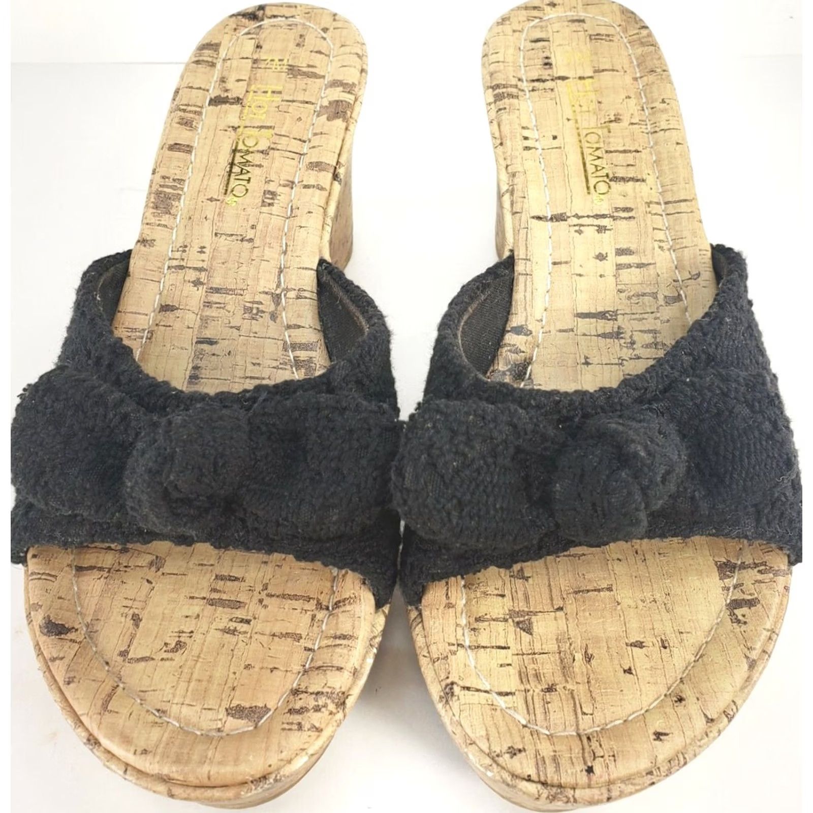 Vintage Hot Tomato Penelope Women's 7M Black Cork Wedge Slide Sandal 3" Heel Crochet Size US 7 / IT 37 - 3 Thumbnail