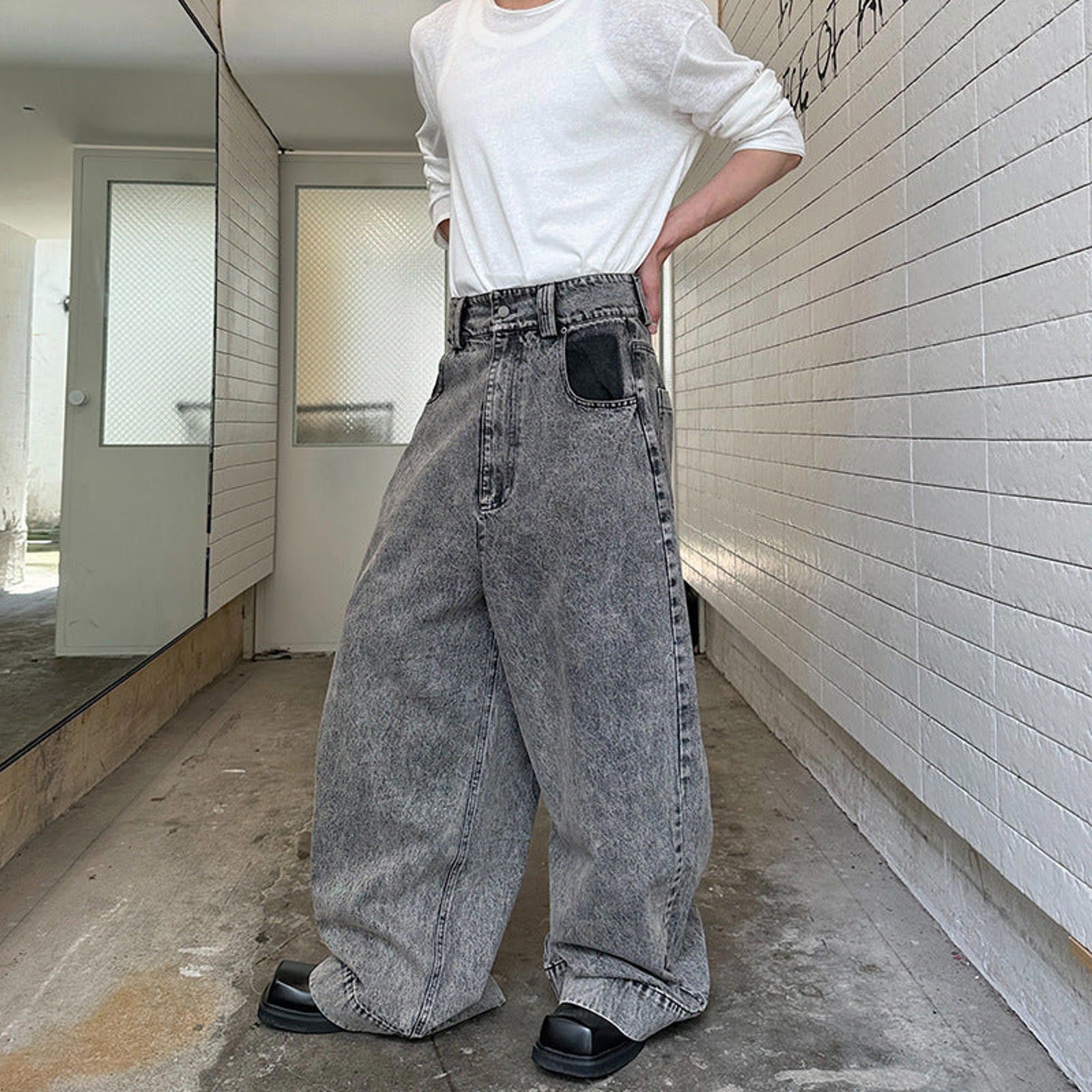 Japanese Brand Gray Wide Leg Denim Jeans, Baggy High Waist Jeans Size US 30 / EU 46 - 4 Thumbnail