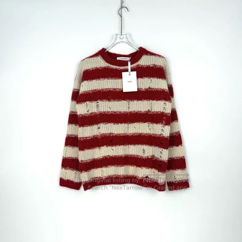 Dior Dior Red and white striped embroidered bee alpaca wool mul Size S / US 4 / IT 40 - 3 Thumbnail