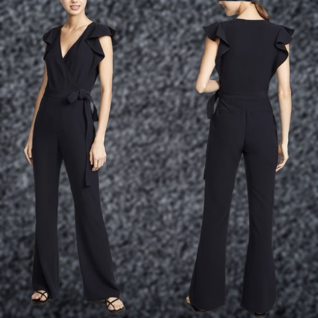 Vintage A.L.C. Wilder Jumpsuit Black Wrap Front Tie Waist Wide Leg Size 8 Ruffle Sleeves Party Cocktail Womens Size 30" / US 8 / IT 44 - 1 Thumbnail
