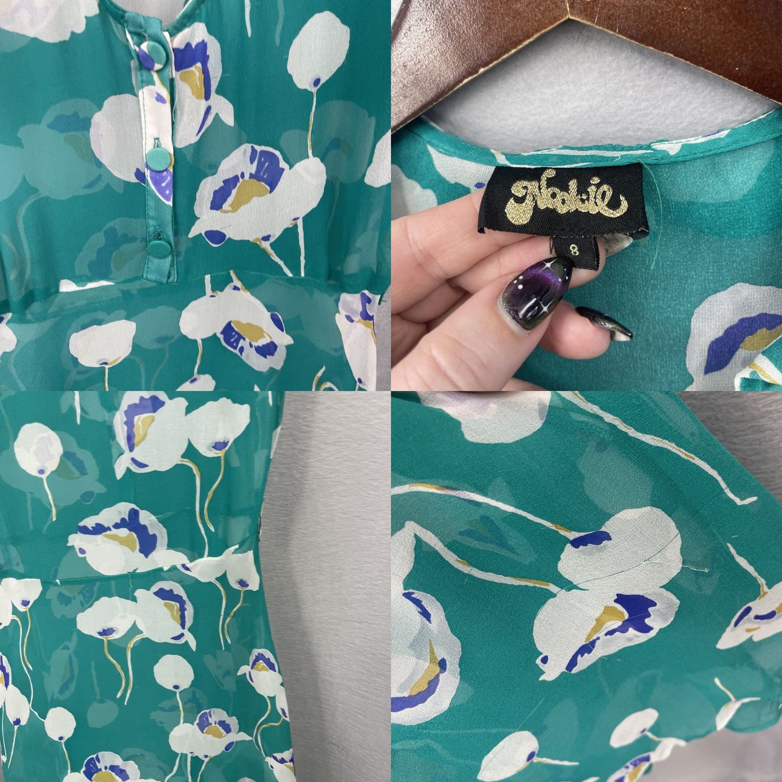 Vintage Nookie Women's Silk Dress Sheer Floral Mini Green Cap Sleeve Casual 8 Spring Summer Fall Winter Size M / US 6-8 / IT 42-44 - 8 Thumbnail