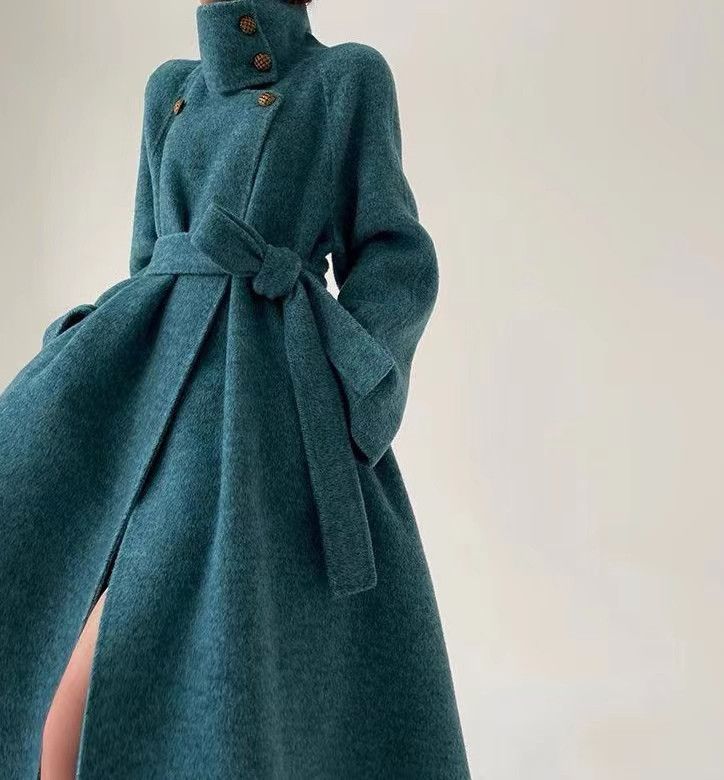 image of Vintage Blue Stand-Collar Button-Down Faux Wool Coat, Women's (Size Medium)
