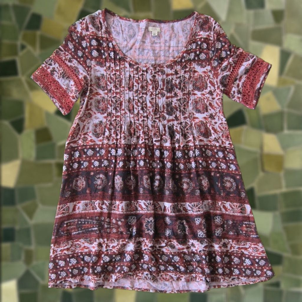 Vintage VINTAGE Ecote' 100% Rayon Purple Red Floral Paisley Short Sleeve Tunic Smock Dress XS Size 26" / US 2 / IT 38 - 1 Thumbnail