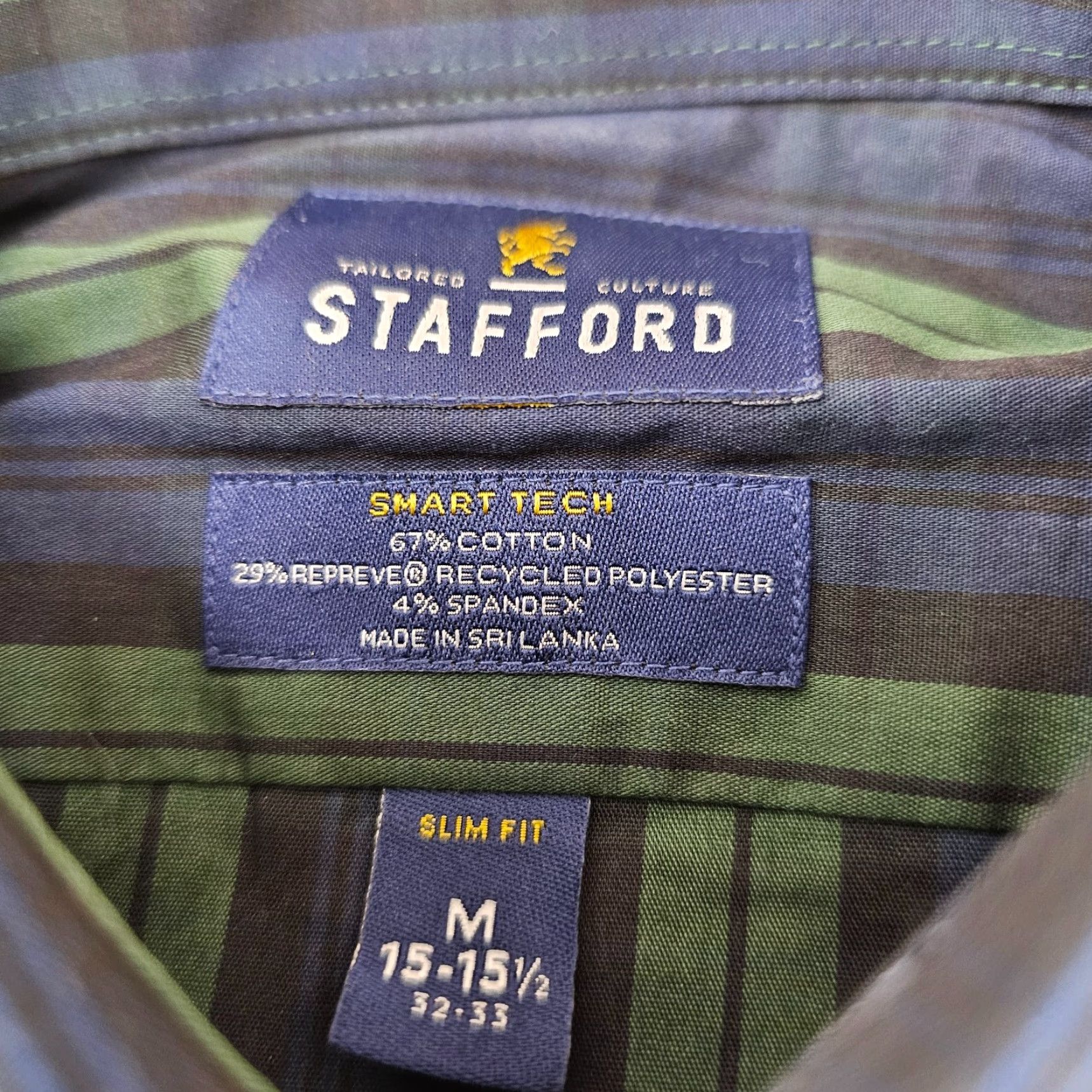 Stafford Stafford Men's Dress Shirt Slim Green 15.5 32/33 Cotton Blend Smooth Stretch Button Collar Shirt Mens Slim Check Casual Wedding Travel Size 40R - 3 Thumbnail