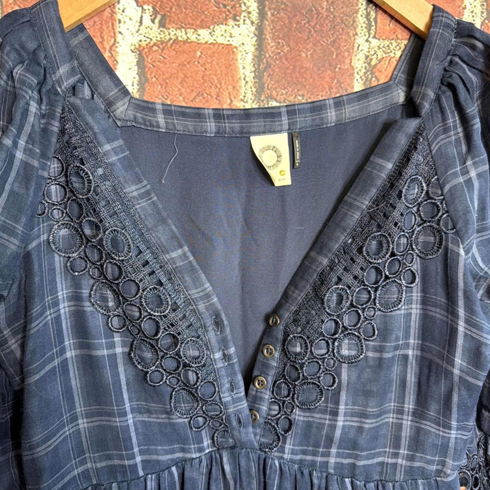 Anthropologie Akemi + Kin Anthropologie Navy Blue Plaid Lace Peasant Midi Dress Sz 0 Size XS / US 0-2 / IT 36-38 - 2 Thumbnail
