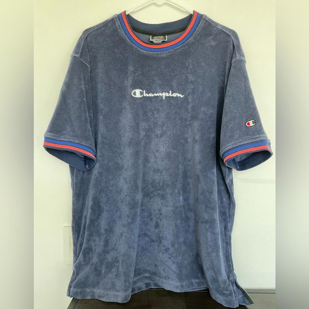 Champion Vintage Retro Champion Mens Terry Short Sleeve Top Navy XL Size US XL / EU 56 / 4 - 2 Thumbnail