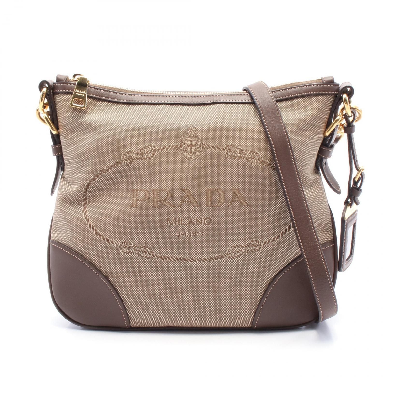 Prada Prada Logo Jacquard Canvas Leather Shoulder Bag Canvas Shoulder Bag Bt867A in Beige, Women's