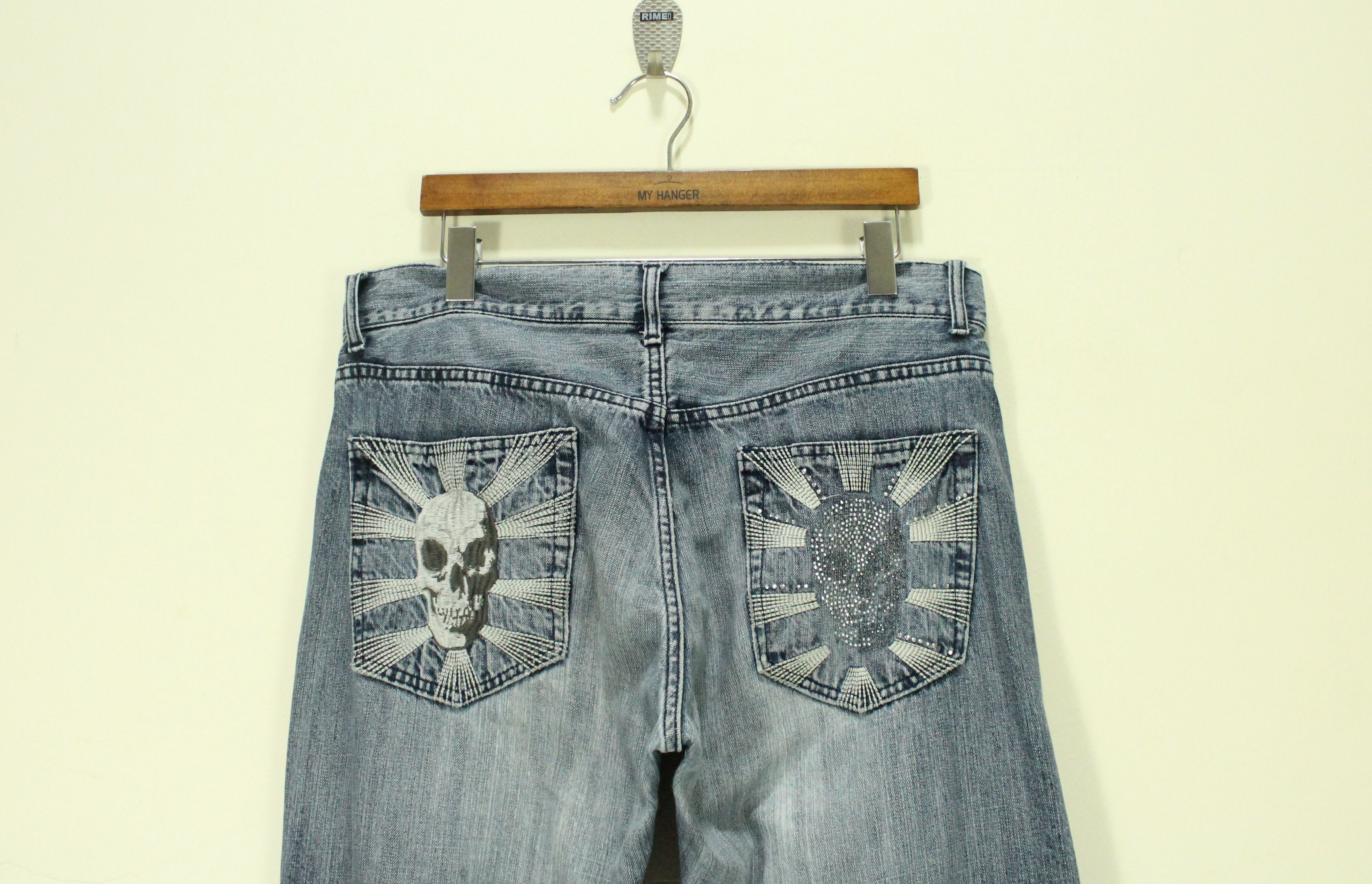 Japanese Brand Vintage Denim Embroidered Skull Logo Size US 35 - 1 Thumbnail