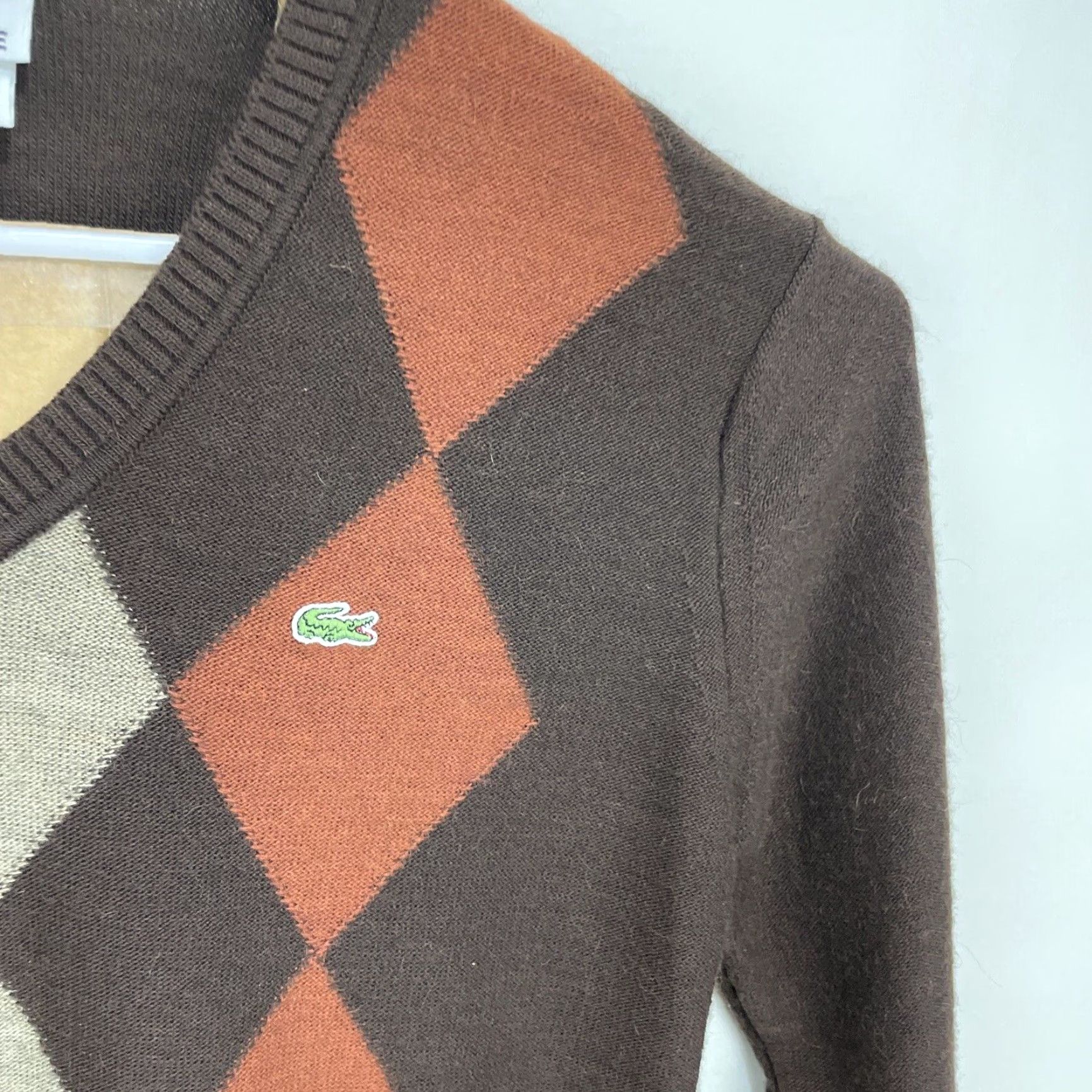 Lacoste Lacoste Sweater Mens Large V-Neck Argyle Brown Gray Wool Alpaca Pullover Knit Size US L / EU 52-54 / 3 - 5 Thumbnail