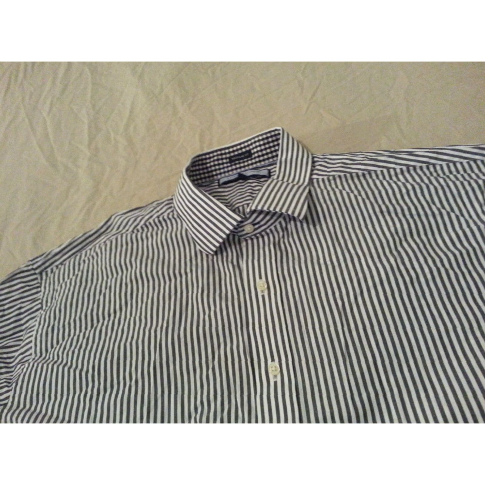 Tommy Hilfiger VINTAGE Tommy Hilfiger Dress Shirt Navy Blue Stripes Cotton 2XL 18 34 35 Button Mens Shirt (Note: If not vintage, remove VINTAGE accordingly) Size 48R - 3 Thumbnail