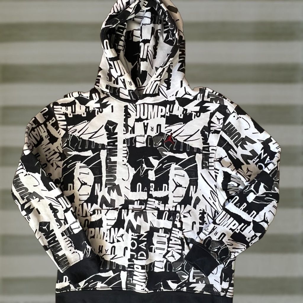 Nike Air Jordan All Over Print Hoodie Men M Black White Hoodie Pullover Hooded Regular Fit Long Sleeve Machine Washable