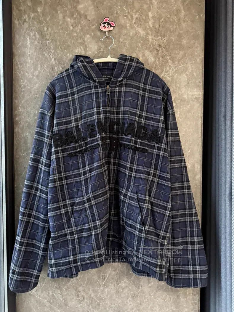 Balenciaga Letter Embroidered Plaid Flannel Hooded Jacket