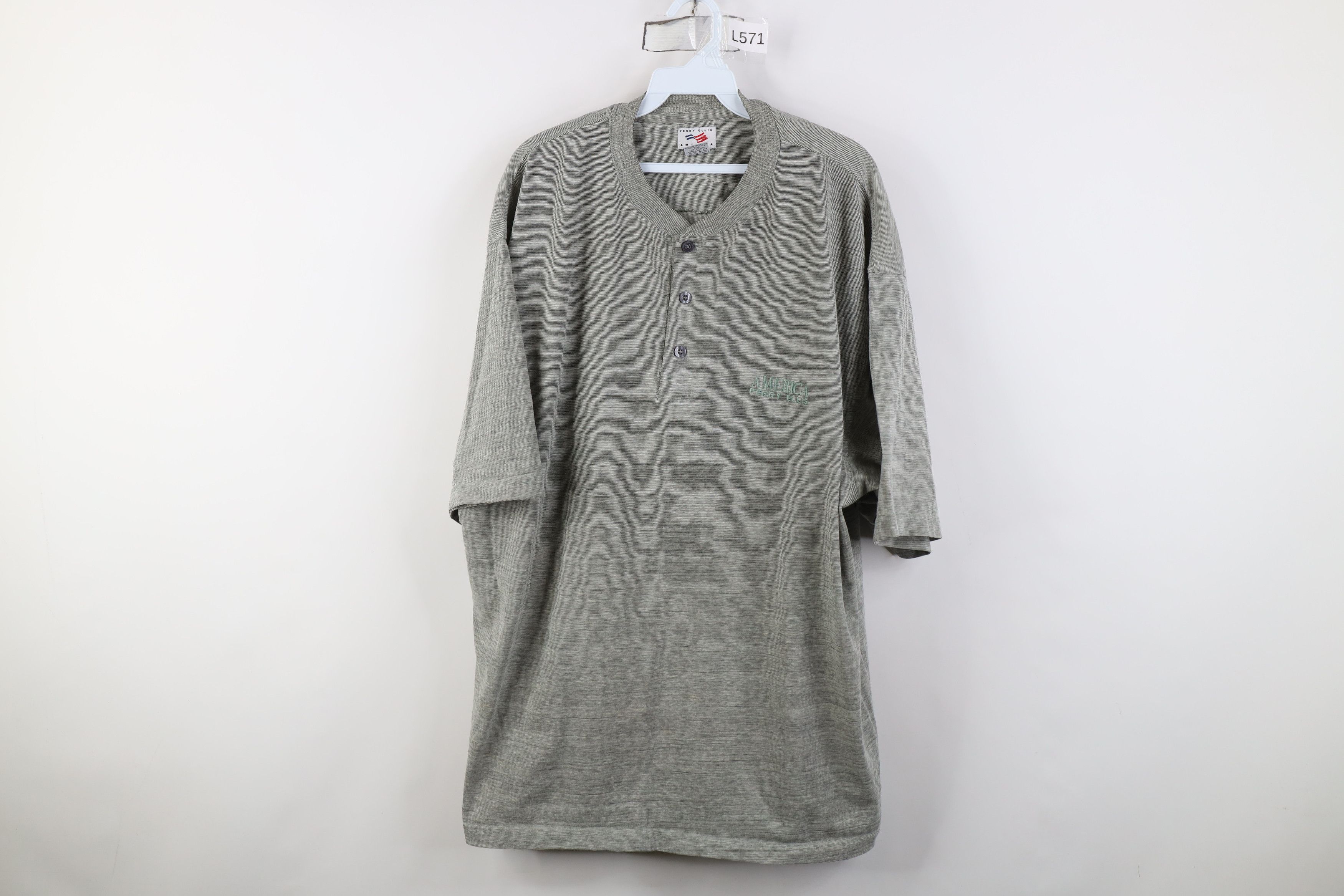 Vintage Vintage 90s Perry Ellis America Fit Henley T-Shirt Green Size US XL / EU 56 / 4 - 1 Thumbnail