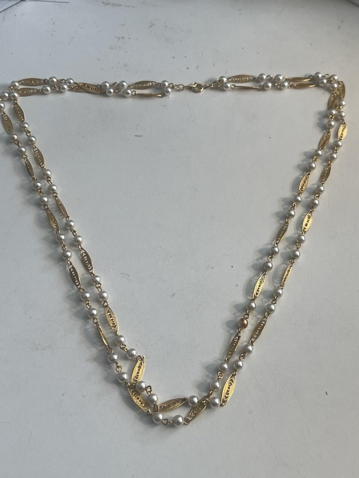 Other vtg Trifari Stamped Gold Tone Faux Pearl Necklace Double Han Size ONE SIZE - 2 Thumbnail