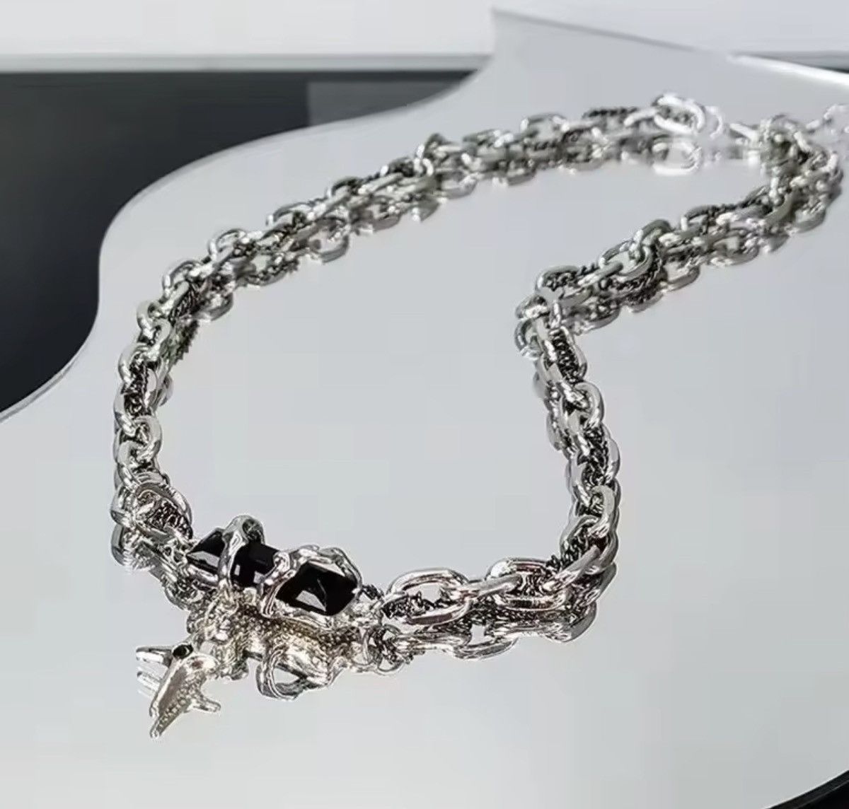 Japanese Brand Gothic Gemstone Cross Necklace - Grunge Cybercore Chain Size ONE SIZE - 3 Thumbnail