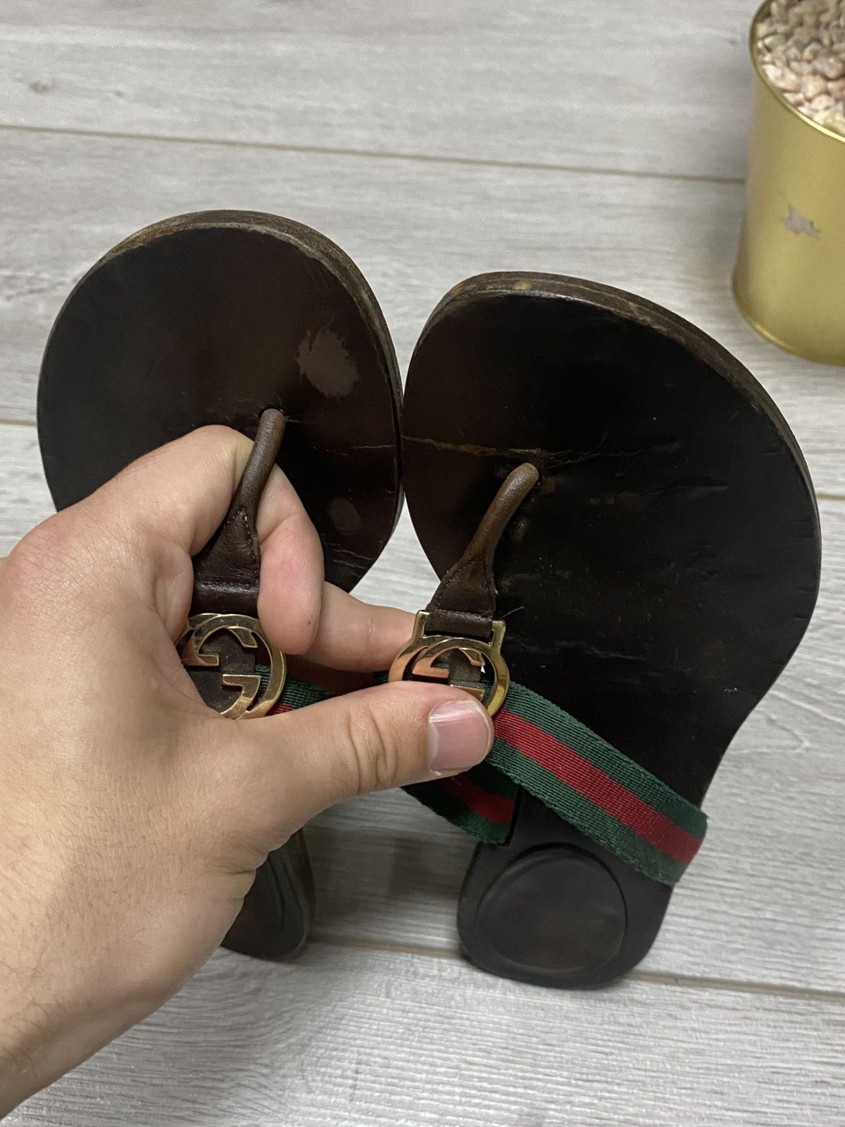 Gucci × Vintage Gucci web GG big logo heels wood flip-flops flats red green Size US 5 / IT 35 - 3 Thumbnail