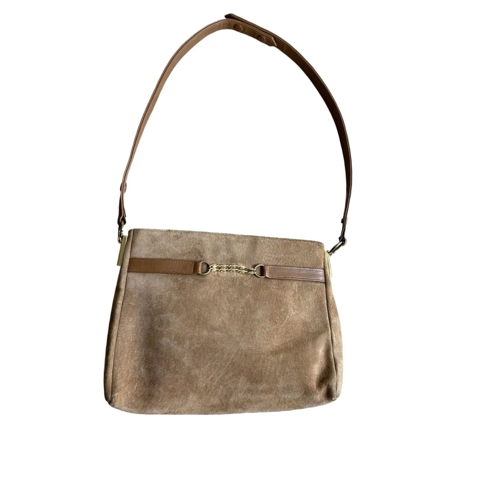 J Brand VINTAGE Block Brown Suede Shoulder Bag Gold Tone Purse 60s Secretary Geek Look Women Adult Bag Size ONE SIZE - 2 Thumbnail