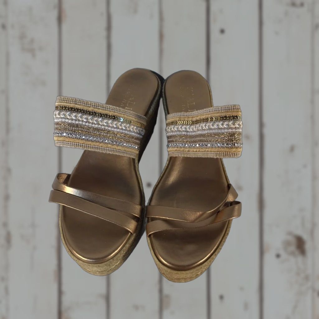Vintage Italian Shoemakers Women's Wedge Slides Size 8M Gold Beaded Sequin Casual Sandals Italy Size US 8 / IT 38 - 1 Thumbnail