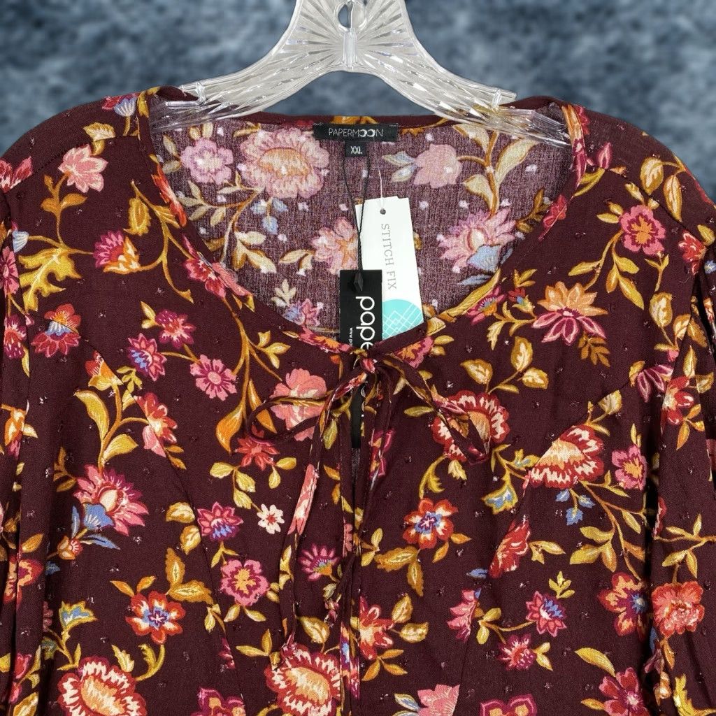 Vintage Papermoon Women 2XL Top Red Floral Boho Tie Neck 3/4 Sleeve Pullover NWT Blouse Shirt Size XXL / US 16-18 / IT 52-54 - 1 Thumbnail