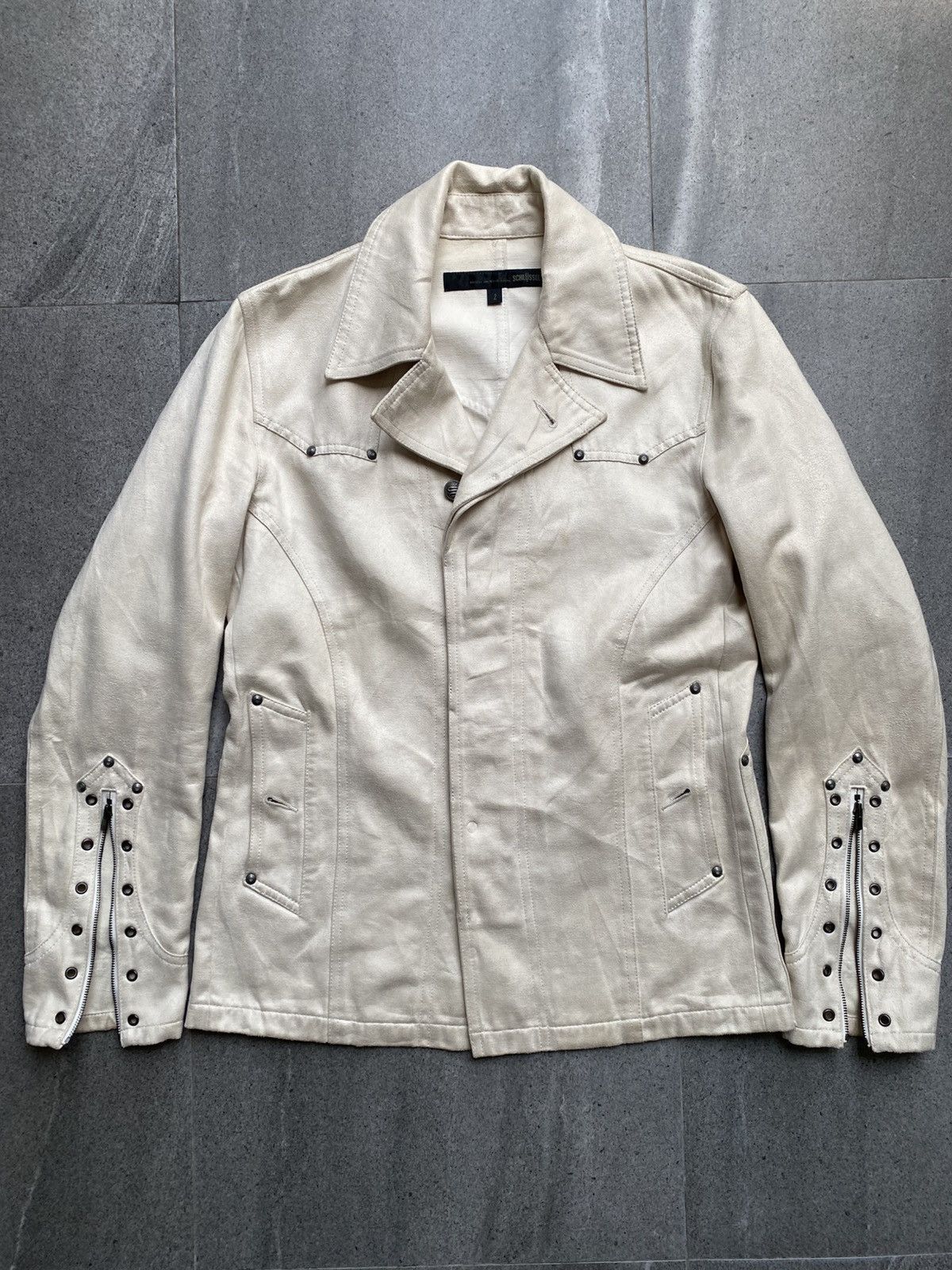 Schlussel Schlussel Studded Zip Sleeve Leather Jacket Cream Beige Size US M / EU 48-50 / 2 - 3 Thumbnail