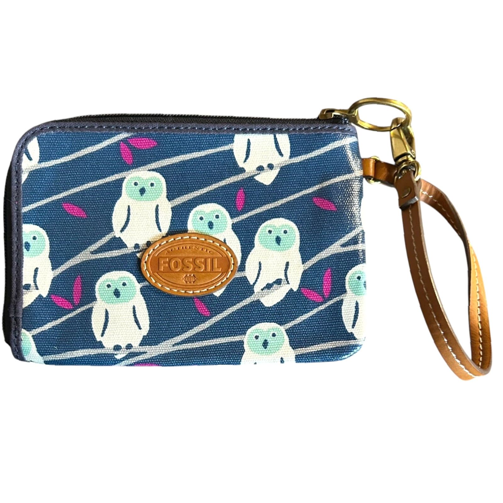 Fossil Fossil Wristlet Blue Owls Zip Around Cardholder Inside Pocket Strap Women Canvas Leather Size ONE SIZE - 2 Thumbnail