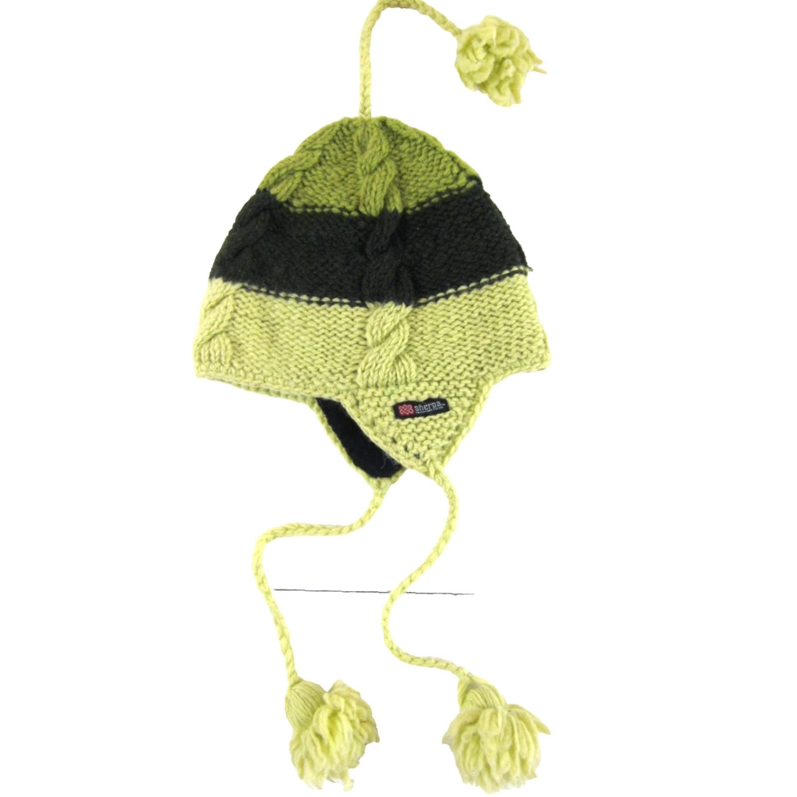Vintage Sherpa Nepal Beanie Hat O/S Wool Lined Green Brown Pom Pom Wool 100% Knit Womens Winter 90s Theme Holiday Wedding Casual Travel Gift Size ONE SIZE - 2 Thumbnail