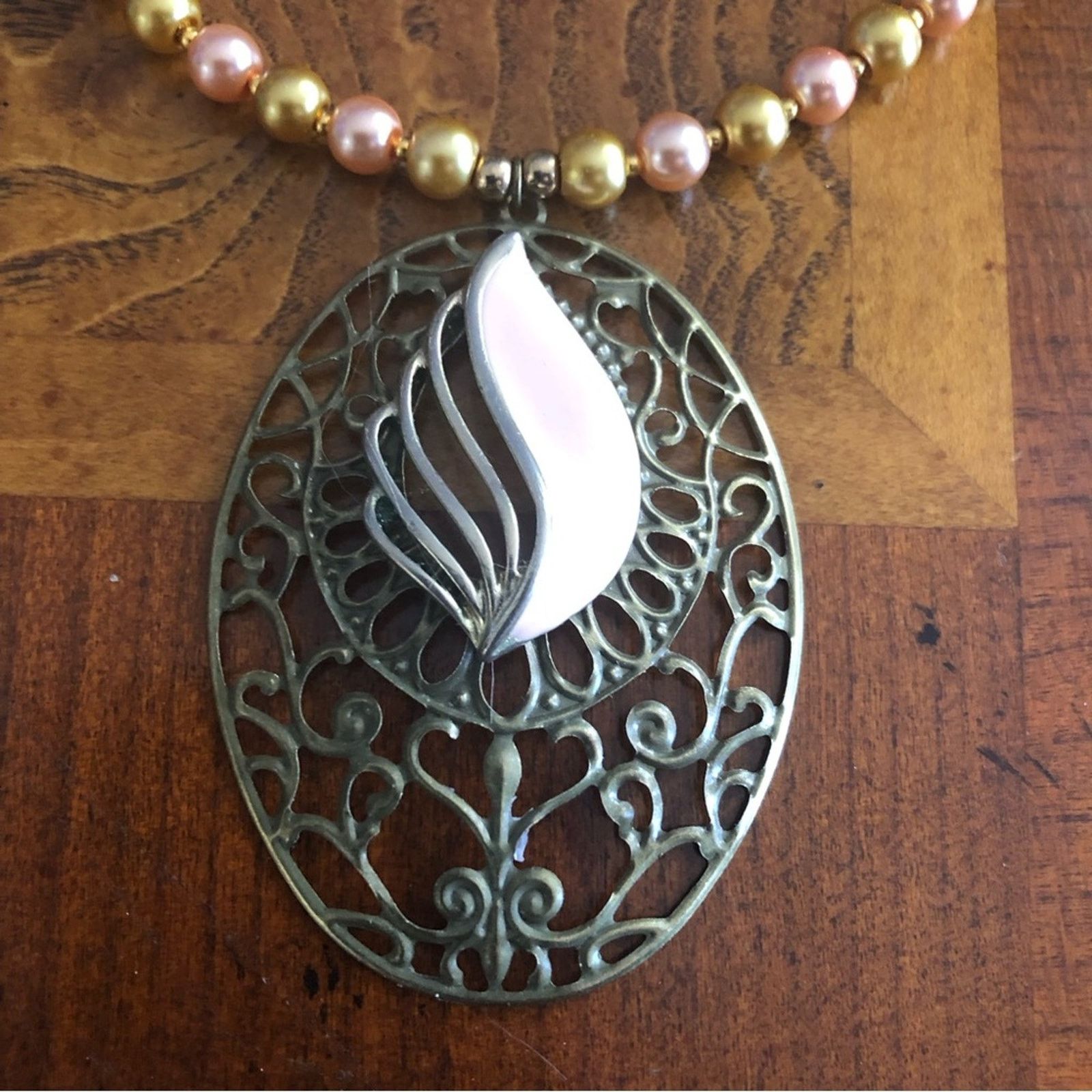 Handmade Handcrafted repurpose blush enamel filigree Pearl necklace Size ONE SIZE - 11 Thumbnail