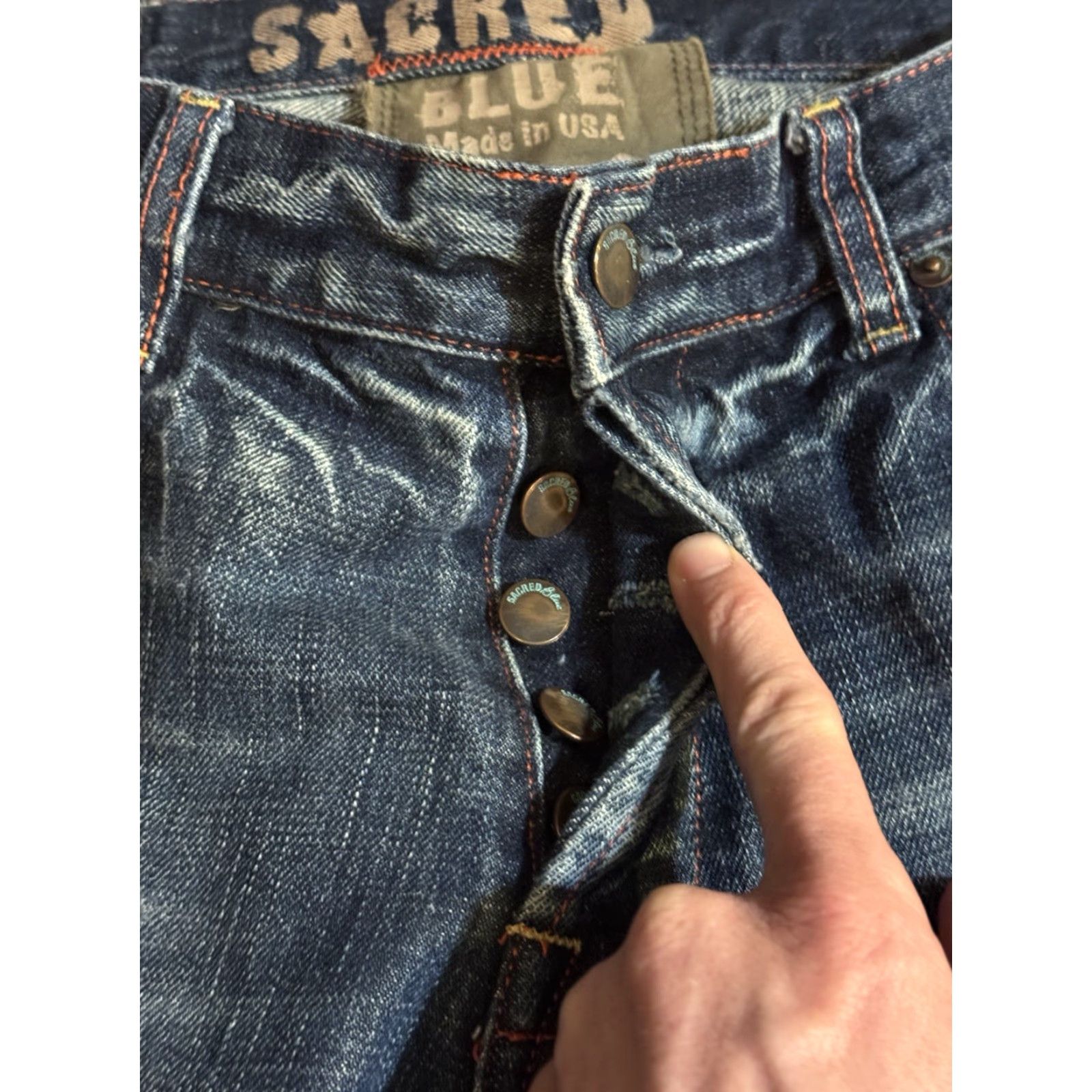 Denime Sacred Blue Jeans Bootcut Distressed Dark Wash Denim USA Regular Women 32 Inseam 33 Size 24" / US 00 / IT 34 - 4 Thumbnail