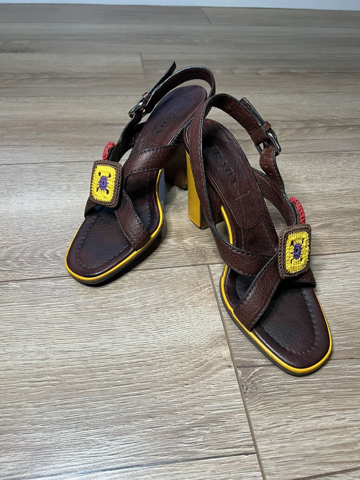 Prada Brown Leather Embellished Cross-Strap Slingback Heels