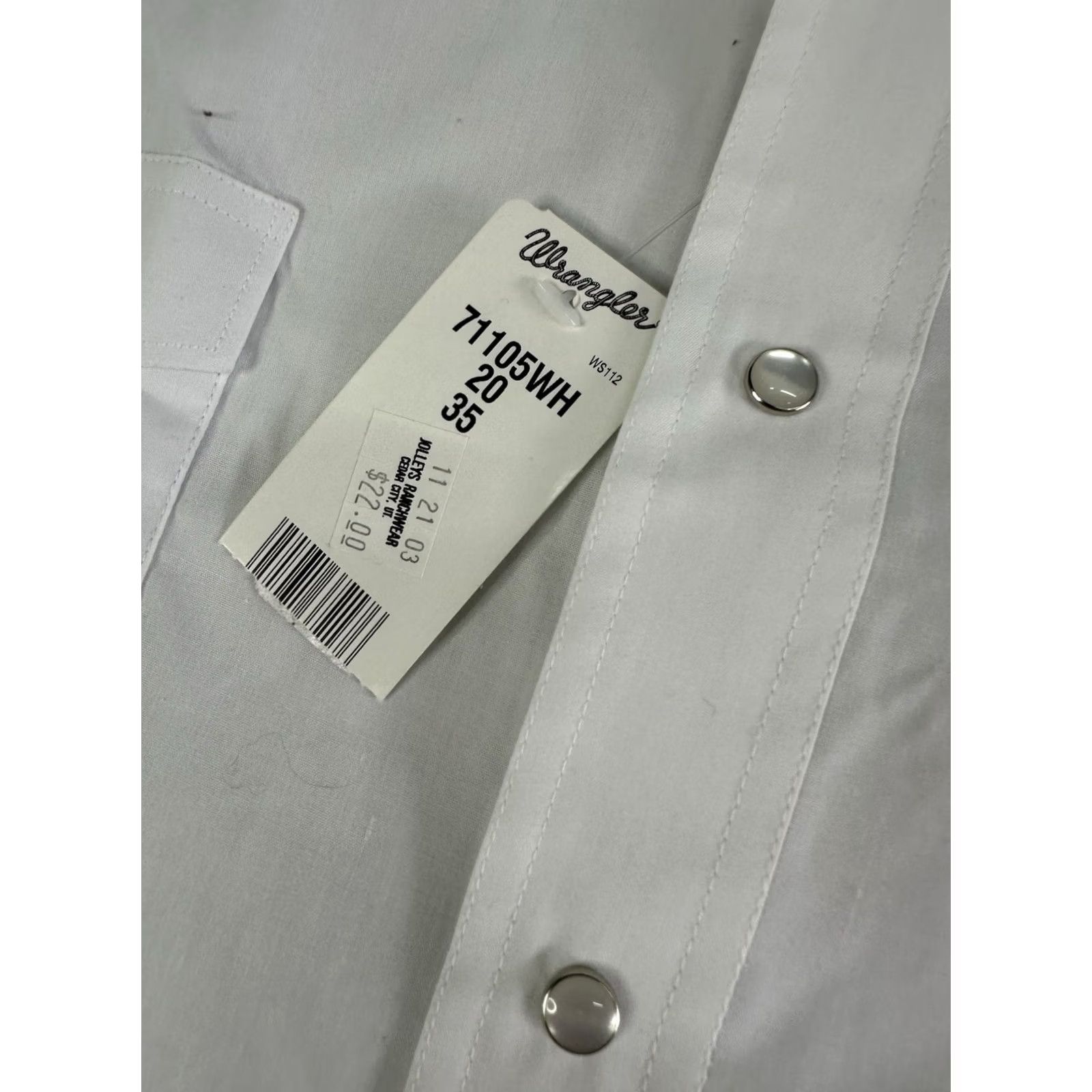 Wrangler WRANGLER Western Shirt Long Sleeve Pearl Snap Solid White Broadcloth 20/35 Mens Size US XXL / EU 58 / 5 - 6 Thumbnail