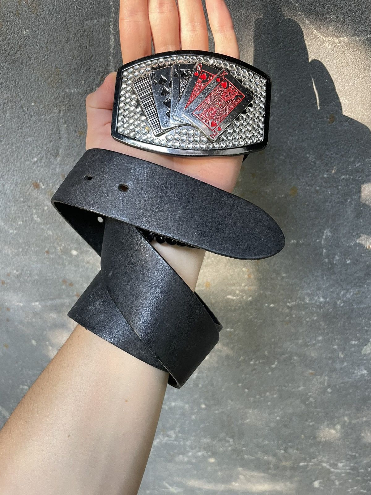 Leather × Vintage Vintage Poker Card Leather Belt Metal 90s Y2K Size 30 - 2 Thumbnail