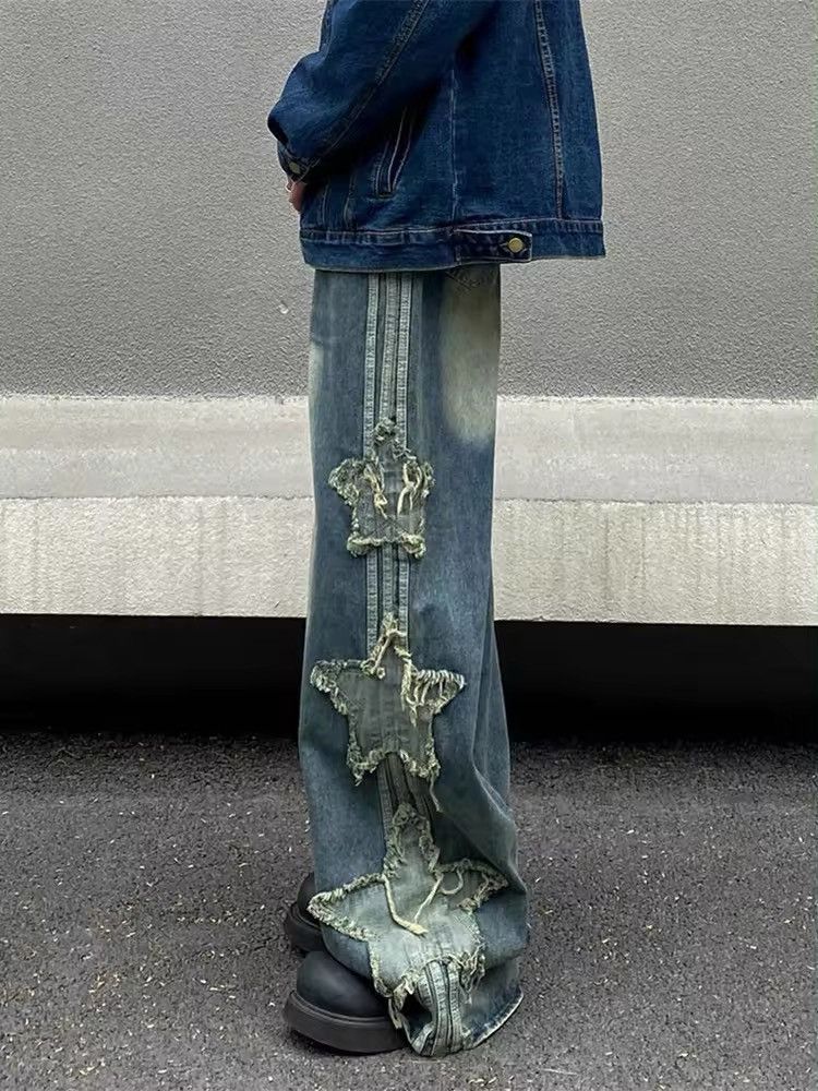 Japanese Brand × Jean Star Patch Embroidery Baggy Stacked Jeans Size US 33 - 2 Thumbnail