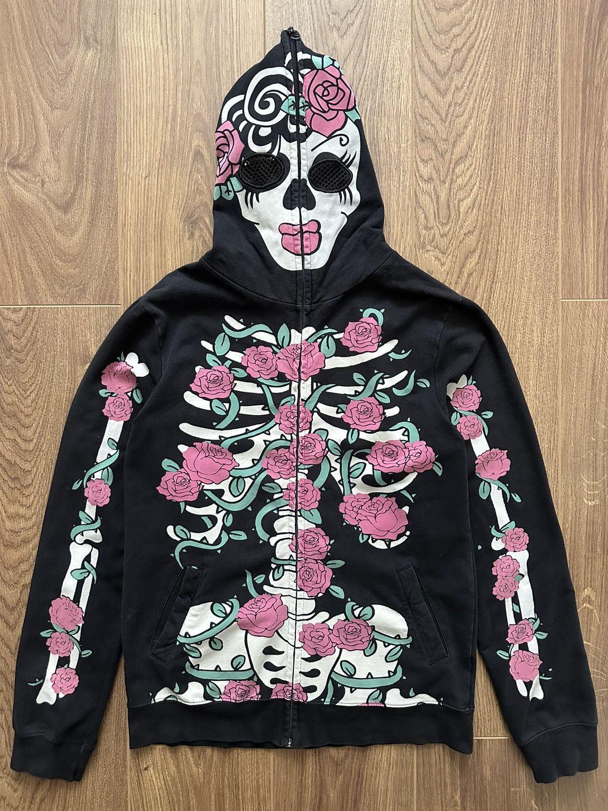Japanese Brand × Vintage Vintage Skeleton Floral Pint Black Cotton Full Zip Hoodie Size M / US 6-8 / IT 42-44 - 1 Thumbnail
