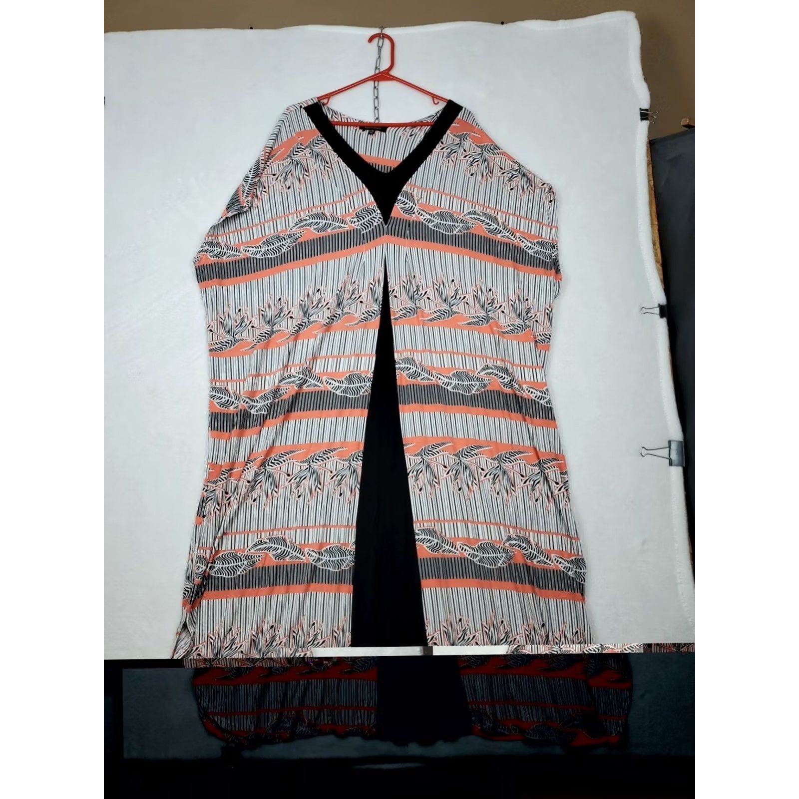 Ellen Tracy Ellen Tracy Women's Dress A-Line Maxi Kaftan V-Neck Cap Sleeve Multicolor Stripes & Floral Casual Formal L XL Coral Black Size L / US 10 / IT 46 - 5 Thumbnail