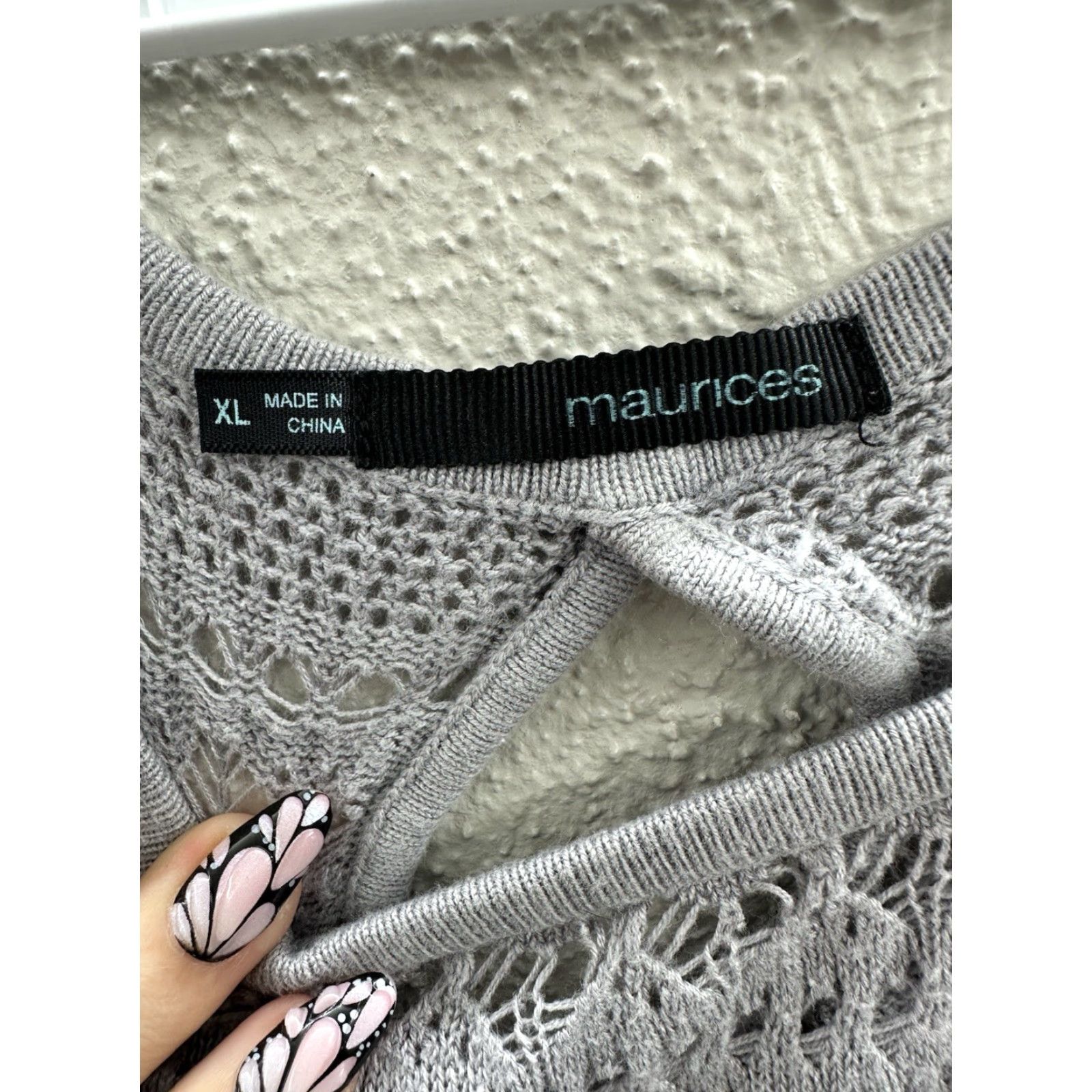 Vintage Maurices Womens Blouse XL Gray Open Knit Short Sleeve Shirt Regular Cotton Rayon Knit Open Collarless Classic Theme Mens Womens Girls? Size XL / US 12-14 / IT 48-50 - 3 Thumbnail
