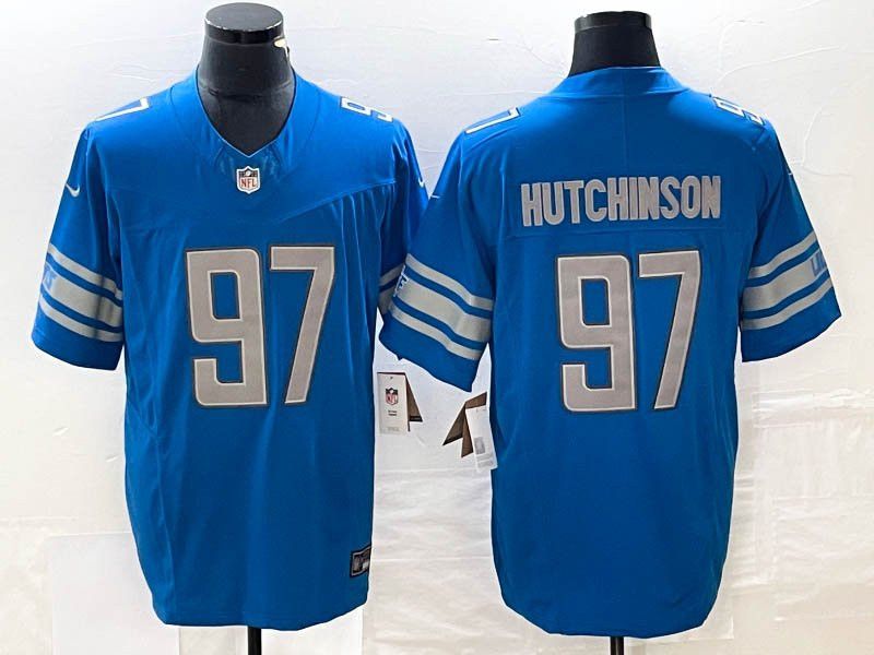 Custom Men Detroit Lions 97 Aidan Hutchinson Blue 2023 Jersey | Grailed