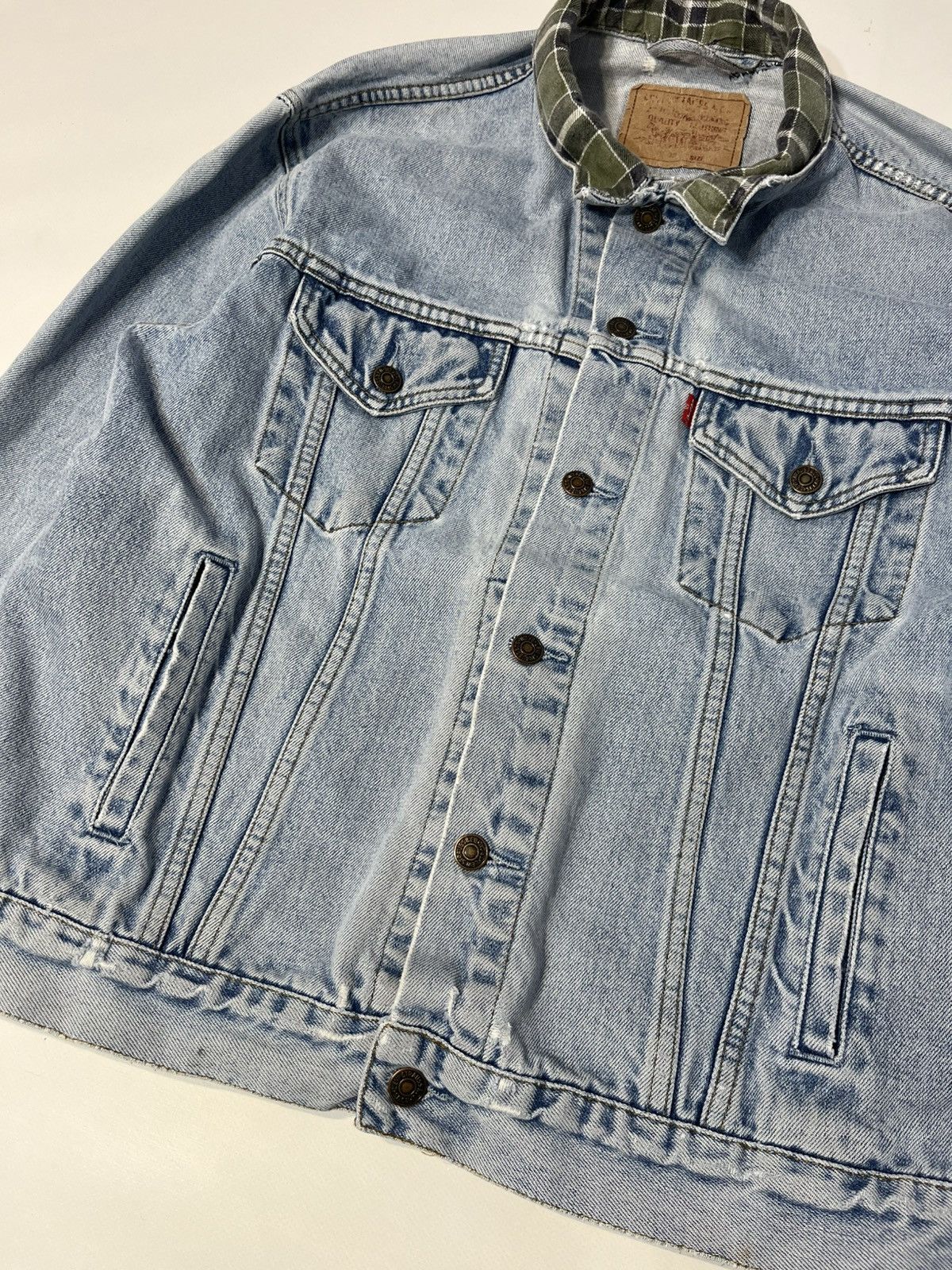 Levi's × Levi's Vintage Clothing × Vintage RARE Vintage 90s Levis Y2K Collar Plaid Denim Jacket Size US XL / EU 56 / 4 - 8 Thumbnail