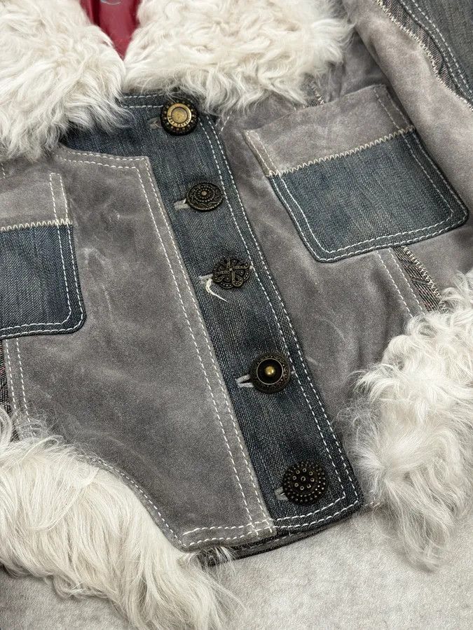 Just Cavalli AW2005 Cavalli Mongolian Fur Grey Leather & Blue Denim Jacket Size S / US 4 / IT 40 - 11 Thumbnail