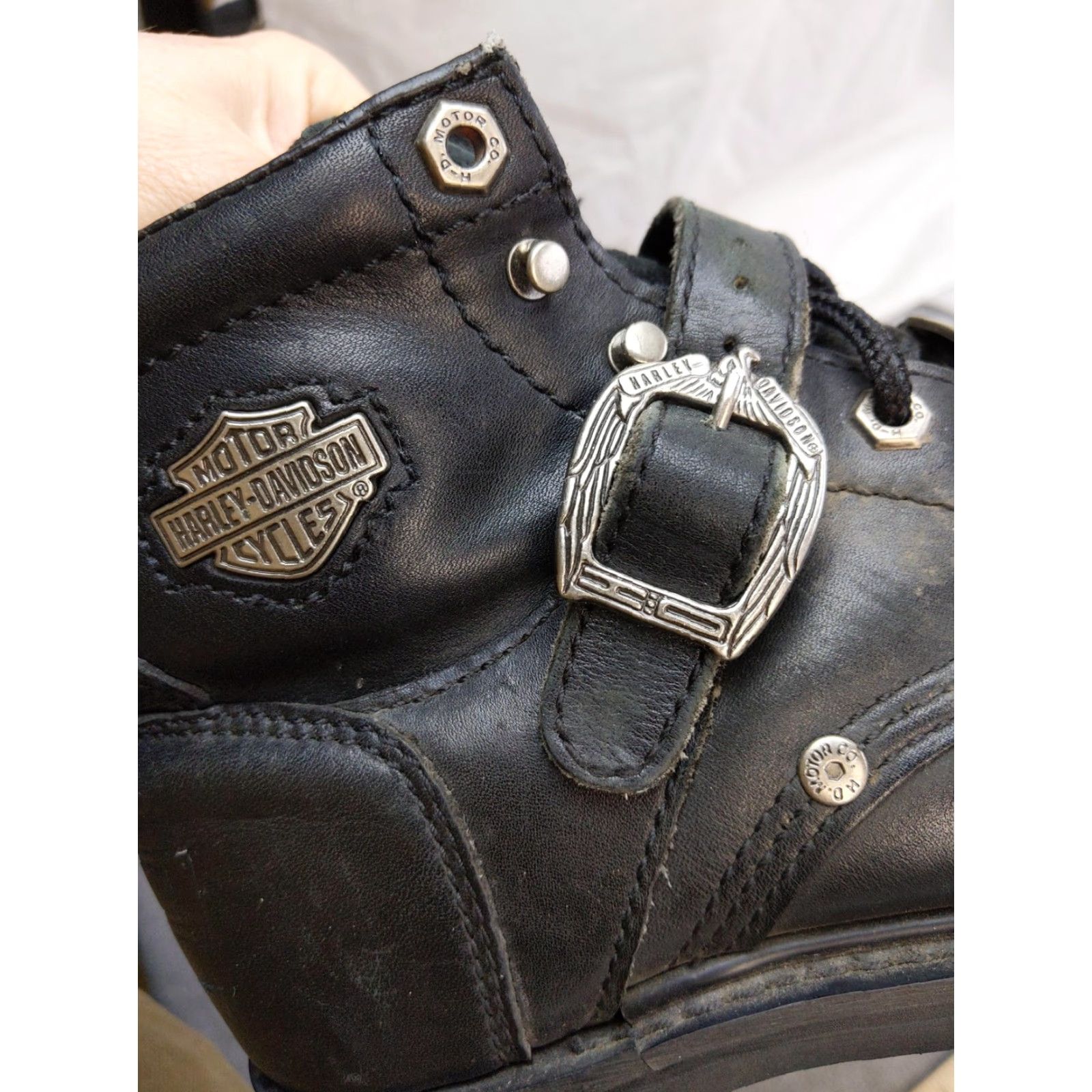 Harley Davidson Harley-Davidson Boots Womens 6.5 Black Leather Ankle Strap Motorcycle Biker Winter Lug Outsole Buckle Lace Up Size US 7 / IT 37 - 6 Thumbnail